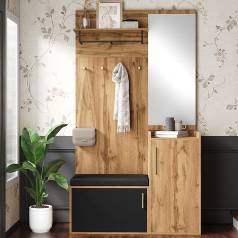 Mobile da ingresso 100x38x185 cm - con specchio e panca - scarpiera e appendiabiti - effetto legno