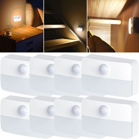8 lampes LED à détecteur de mouvement, allumage/extinction automatique, veilleuse d'intérieur, éclairage d'escalier, lampe de couloir, blanc chaud (1/5)