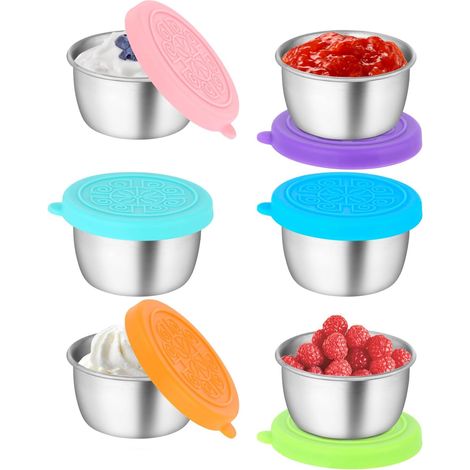 6 Pièces Récipient vinaigrette avec Couvercles Silicone,50ml Recipient Sauce Salade en Acier Inoxydable, Boîtes Alimentaires Réutilisable Résistant Aux Fuites Pour Piqueniquer, Voyage (1/5)
