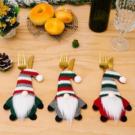 Porte-Couverts - Gnome à Chapeau Rayé - 6 Pièces - Tissu Non Tissé - Rouge et Brun (1/4)