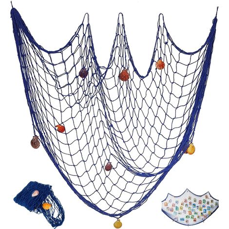 Décoration murale décorative en filet de pêche avec coquillages, 78 x 39 pouces, bleu.