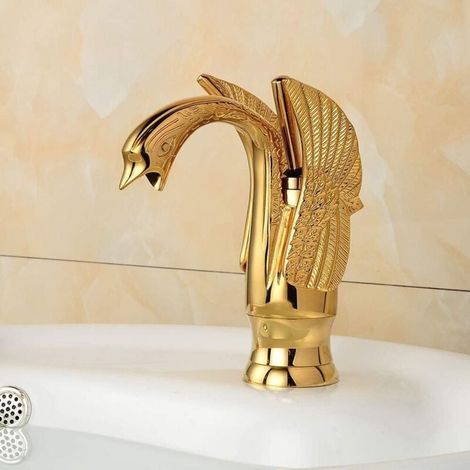 Moderne Waschtischarmaturen in Form eines goldenen Schwans, verzinkte Messing-Badarmatur mit gebogenem Auslauf (1/4)