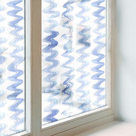 Fensterfolie 100x100 cm Dekorativ Selbstklebend Blickdicht PVC Folie für Badezimmer Schlafzimmer Milchglas Sichtschutz Fenster Dekorfolie Blaue Wellen