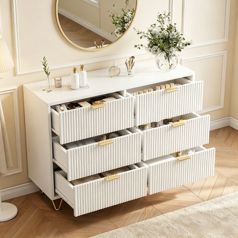 Commode chambre,Commode blanche 100 cm, 6 tiroirs,meuble de rangement à 3 niveaux,motifs vagues,poignées dorées,pieds dorés pour chambre,salon,style moderne, Blanc (1/5)