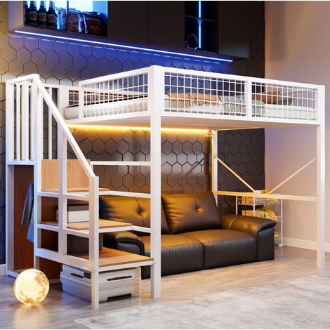 Metall-Hochbett 140 x 200 cm Weiß mit Stauraum, platzsparend, ohne Matratze – MEUBLIV (1/5)