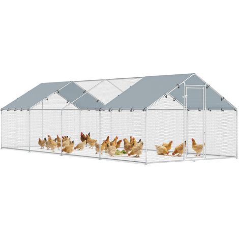 PawHut gallinero para exterior grande de acero galvanizado 6,8x3x1,9 m 20,4 m² puerta con doble cierre cubierta tela Oxford anti-UV impermeable plata