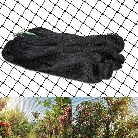 Filet anti-oiseaux 7,5 x 15 m, résistant à l'abrasion, mailles 2,5 cm, protège arbres fruitiers et légumes. Noir. (1/5)