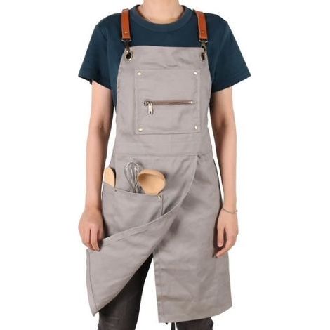 Hellgraue, verstellbare Baumwollschürze, für Baristas, Töpfer, mit geteilten Beinen, Friseurmäntel, Arbeitskleidung für Reinigungsbetriebe. (1/4)