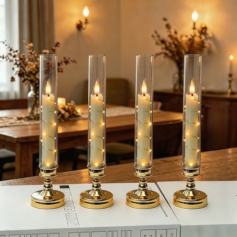 4 Bougies LED Sans Flamme Sans télécommande, Effet Vacillant et Guirlande Lumineuse Étoilée Intégrée, Décoration, doré (1/5)