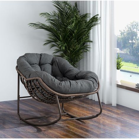Silla mecedora 111x94,5x80 cm de acero y ratán gris oscuro, moderna para salón y jardín FloraGrace (1/5)
