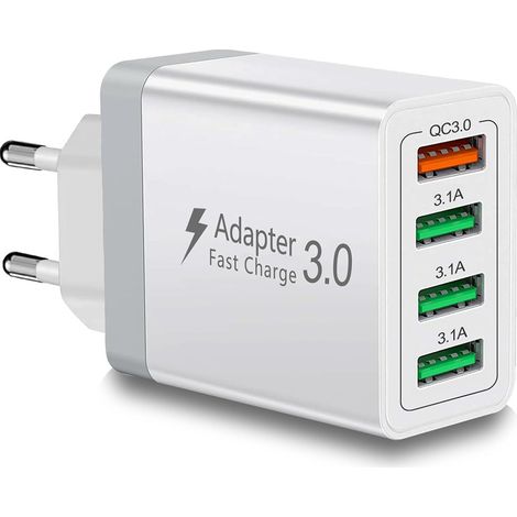 Chargeur USB - 33 W - 4 Ports - Technologie Quick Charge 3.0 - Compatible iPhone Samsung Xiaomi Huawei Google - 1 Unité (1/5)