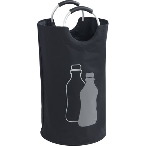 Collecteur de bouteille Jumbo WENKO, panier poubelle verre avec poignée pour le transport, panier à linge Capacité 69L, Polyester - aluminium, 38x72cm, noir
