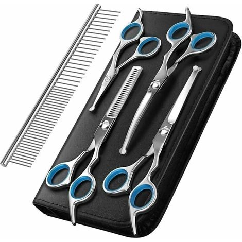 Outils de toilettage pour animaux - Ensemble de 5 pièces (ciseaux droits + ciseaux à effiler + ciseaux courbes + peigne en acier + sac à ciseaux) (1/4)