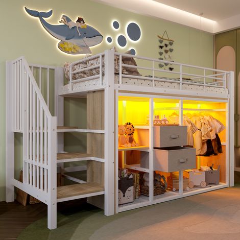 Letto a soppalco 90x200 con cassetti e LED bianco OKMYHOME (1/5)