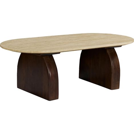 Table basse en travertin et bois d'acacia - Beige et naturel foncé - VORELIA (1/5)
