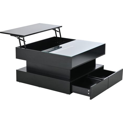 Tavolino da salotto elevabile 80 x 80 x 45 cm nero, vano nascosto, 2 cassetti e LED (1/5)