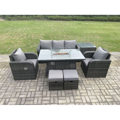 Fimous Polyrattan Gartenmöbelset Gasfeuerstelle Esstisch mit Sofa Beistelltischen 2 kleinen Hockern (1/5)