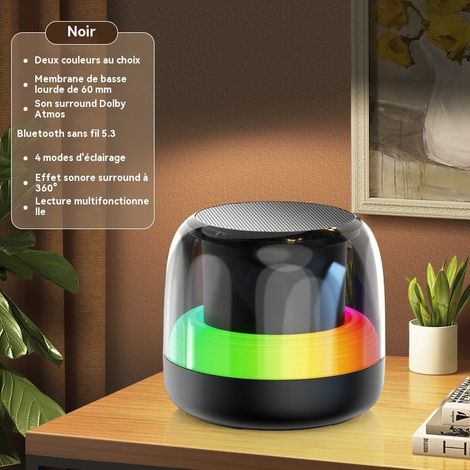 Enceinte Bluetooth DZ018 Noir, Subwoofer Portable avec Lumière d'Ambiance Verre de Cristal RGB, Bluetooth 5.3, TWS Interconnexion, 5W Son Surround 360°, 10 Heures d'Autonomie pour Maison Bureau Voitur (1/4)