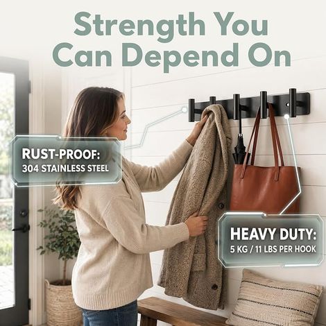 Wall Mounted Stainless Steel Coat Hook, Wall Hooks Metal Coat Hooks Bathroom Black for Hanging Coats, Scarves, Handbags (1/4)