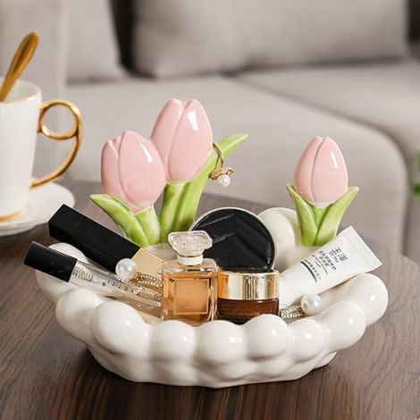 Joli petit plat à bijoux rond et élégant, bol décoratif, vide-poches en céramique pour l'entrée, plateau à bijoux, organiseur de bureau, porte-colliers, boucles d'oreilles et bagues (blanc - tulipe) (1/2)
