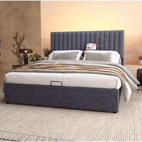 Cama doble tapizada con almacenaje LED y USB gris OKMYHOME (1/5)