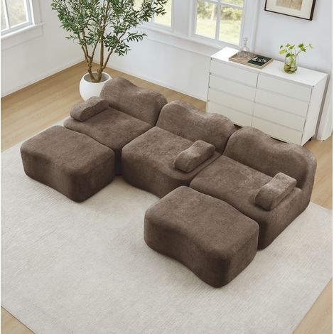 FloraGrace canapé modulable en U, 3 places, velours brun, assise profonde, poufs connectables, sans montage (1/5)