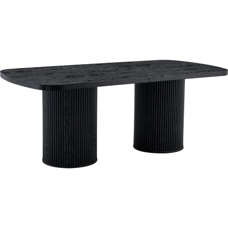 Table de salle à manger ovale moderne avec pied de colonne rainuré, surface MDF haut de gamme aspect bois, style Wabi-Sabi et Mid-Century pour la cuisine familiale (1/5)