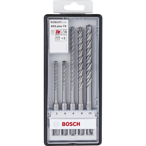 Bosch – Jeu de forets SDS-plus 5 pièces 5/6/6/8/10mm – Pour béton armé et maçonnerie – Pointe de centrage pyramidale – Durée de vie prolongée