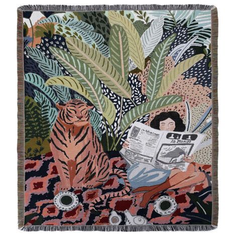 1 Stück 160x130cm Tiger- und Frauen-Plaid-Decke, gestrickt und mit einfachen, weichen, bequemen Fransen im Bohème-Stil verziert, zum Schutz vor Kälte für Sofa, Couch, Sessel zum Ausruhen und Nickerche (1/5)