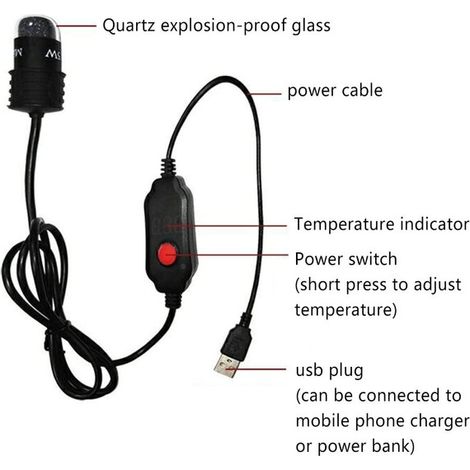 Chauffage de Mini Aquarium USB Thermostat Réglable Étanche pour Petit Réservoir de Poisson et Tortue 18-34°C