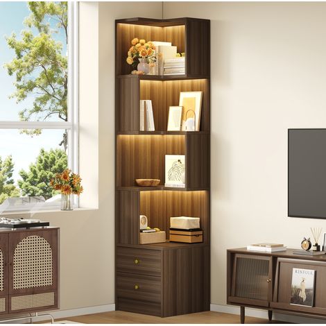 Mensola/libreria angolare a LED con controllo tramite app, 4 ripiani e 2 cassetti, per soggiorno, 45x43,5x180 cm, MDF marrone (1/5)