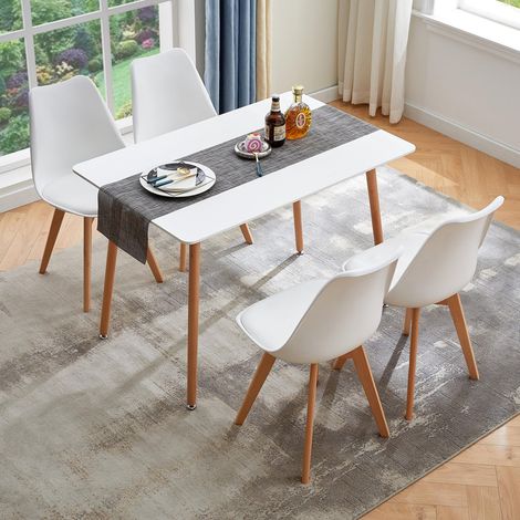 Ensemble de Table et Chaises - Table Blanche pour 2 à 4 Personnes Accompagnée de 4 Chaises Blanches au Design Épuré (1/4)