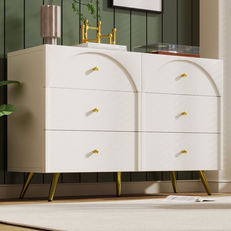 Commode 120x40x85 cm crème blanc en bois et métal avec 6 tiroirs et pied central réglable (1/5)