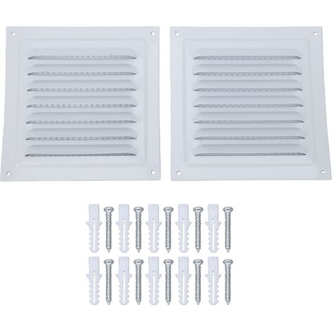 Lot de 2 grilles d'aération carrées en aluminium pour soffite, abri de jardin, porte extérieure, maison, garage, plafond, 200 x 200 mm, avec moustiquaire blanche style store. (1/5)