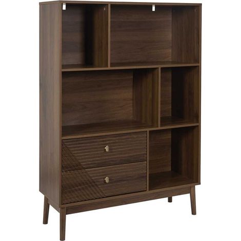 Bibliothèque 2 tiroirs 5 niches en bois et MDF pieds en pin teinté chêne foncé - COLETTE (1/5)