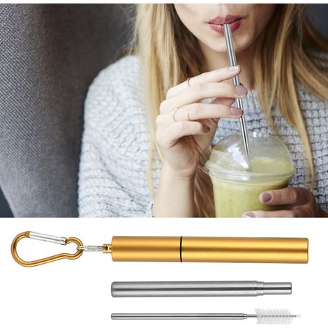 Wiederverwendbares, einziehbares Edelstahl-Trinkhalm-Set (Trinkhalm mit goldfarbenem Aluminiumetui + Bürsten-Karabiner) (1/5)
