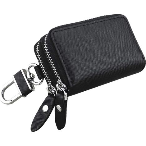 Mini sac porte-clés multifonctionnel en cuir durable à double fermeture éclair (noir)