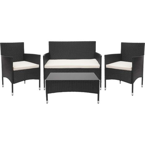 Set salotto giardino esterno salottino elegante HHG-813 polyrattan nero con cuscini avorio (1/5)