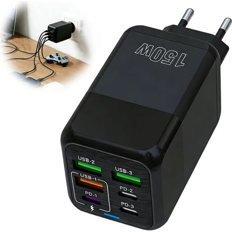 150W Chargeur USB Multiple Rapide 2 USB-C PD + 4 USB-A QC 3.0 Prise USB c Adaptateur 6 Ports Chargeur USB Multiple pour 15 pour pour pour MacBook (1/5)