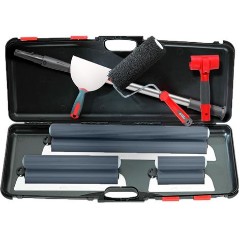 L'Outil Parfait – Kit valise DécoLiss' pour lissage – 3 lames souples 24/40/65 cm – Couteau plaquiste inox 15 cm – Rouleau Roll'Enduit 220 mm