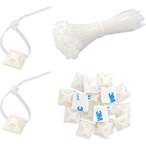 Petit support adhésif pour câbles 20 x 20 mm et serre-câbles de 150 mm chacun, 100 pièces blanches, serre-câbles, fixation de montage, support pour la maison et le bureau, gestion des câbles