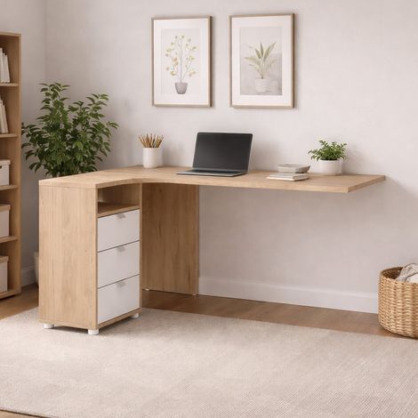 Dmora - Escritorio Pinot, Escritorio multiusos, Mesa de oficina para PC, El plan de trabajo, 150x100 h76 cm, Roble y Blanco (1/5)