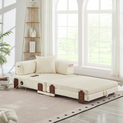 Canapé convertible de tejido beige 2 en 1 con puertos USB/Type-C y almacenamiento