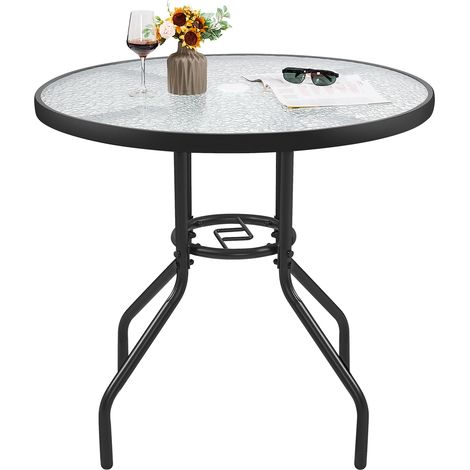Homevive Mesa de Jardín de 70cm de Diámetro Redonda de Cristal Mesa de Balcón con Orificio para Sombrilla Alto 73cm Negro (1/5)