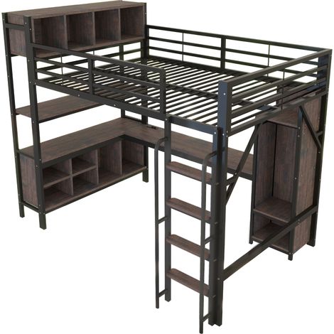 Letto a soppalco 140 x 200 cm con scrivania, armadio, LED, prese UE e sponde, nero (1/5)