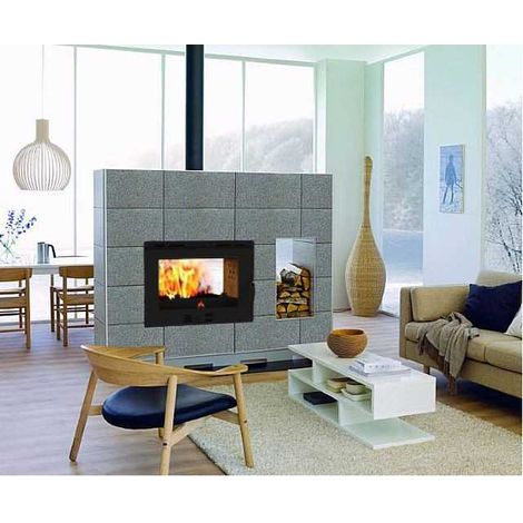 Fratelli Lerda – Insert cheminée à bois ventilé bifacial 16 kW – Acier S235JR – Rendement 70 % – Autonomie 8 heures – Dimensions 80x52x45 cm (1/5)