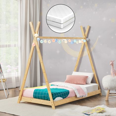 Cama infantil Tipi Vimpeli + colchón + somier máx. 200 kg bambú 70 x 140 cm - Natural [en.casa] y [neu.haus] (1/5)