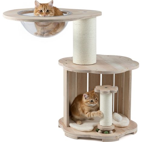 arbre à chat tour en bois griffoir jouet à bille tournante bois griffoir interactif piste meuble d'escalade adulte chaton solide robuste condo capsu (1/5)