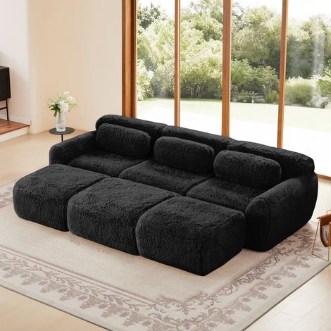Canapé modulable 3 places 291x179x73 cm en tissu peluche – Sofa convertible avec méridienne et 3 poufs, tissu haute résilience, confort ergonomique – Noir