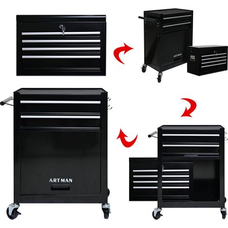 Coffre à outils roulant haute capacité avec roulettes et tiroirs, armoire de rangement à outils à 6 tiroirs -- Noir